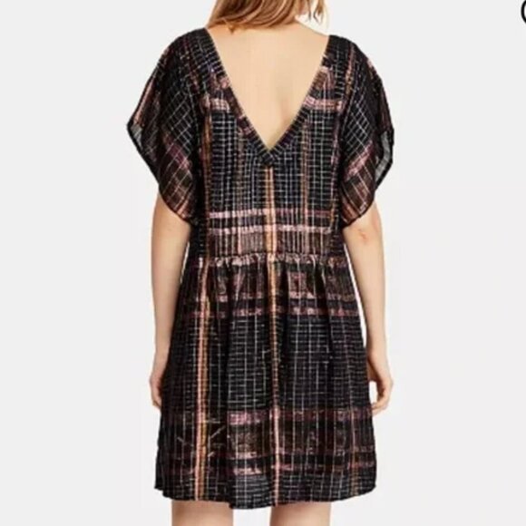 Free People Black Orange Plaid Mini Dress Oversized Baby Doll - Picture 9 of 10